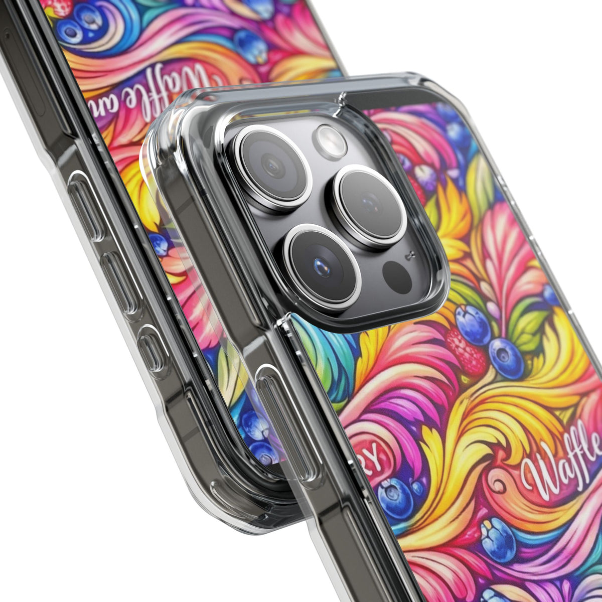 Splash Berry Clear Magnetic Phone Case — Bright Rainbow Swirl Design (Waffle and Berry text)