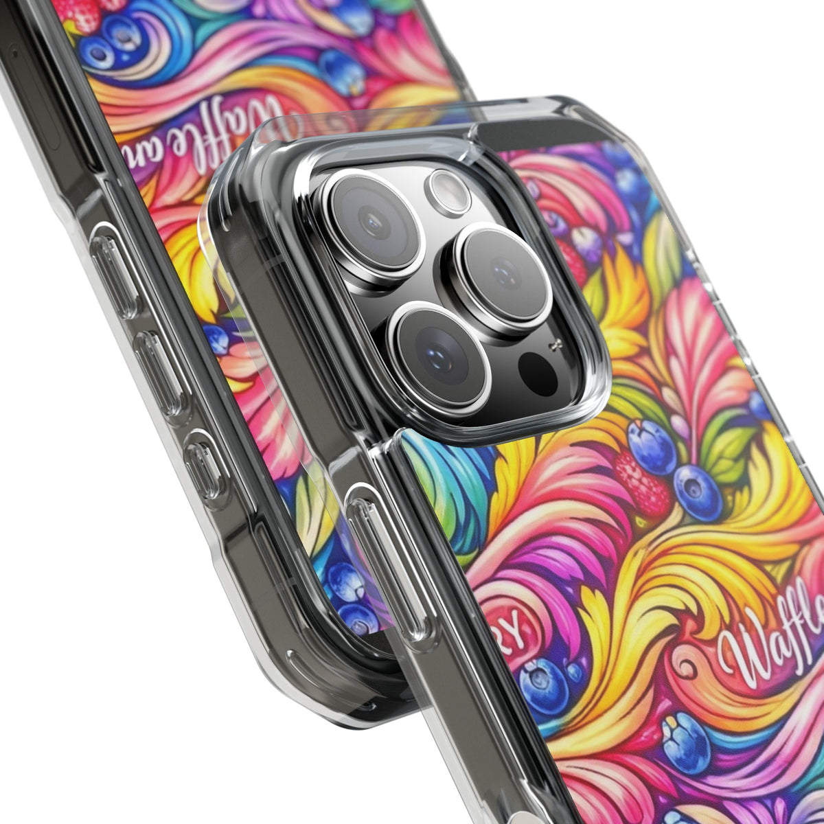 Splash Berry Clear Magnetic Phone Case — Bright Rainbow Swirl Design (Waffle and Berry text)