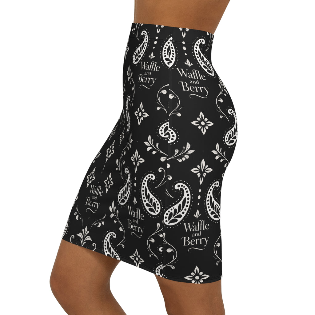 Black Paisley Pencil Skirt — 'Waffle and Berry' Patterned Midi