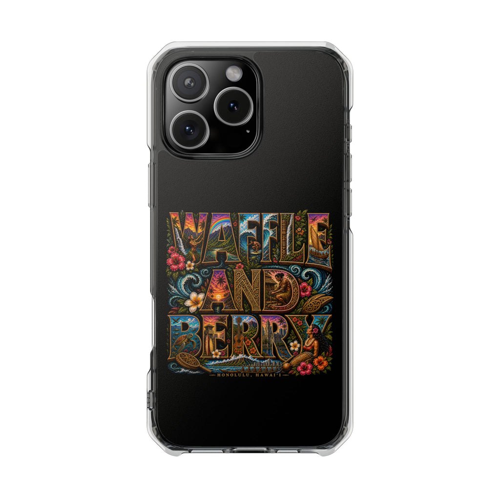 Clear Magnetic Phone Case — Bright Rainbow Swirl Design (Waffle and Berry text)