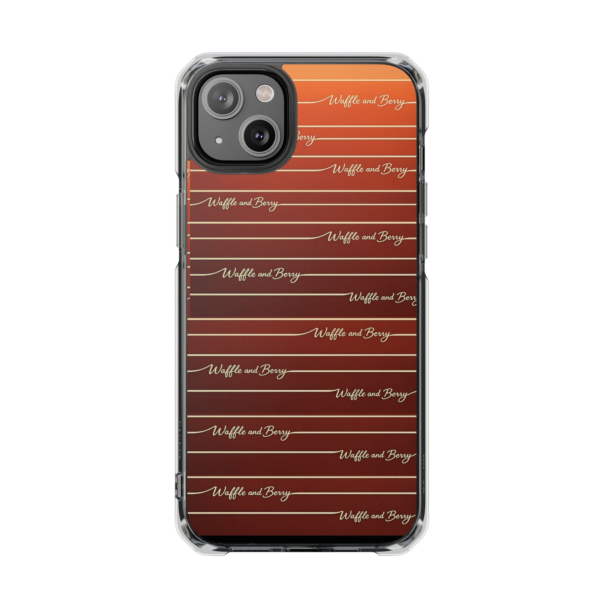 Clear Magnetic Phone Case — Striped Brown Gradient with "Waffles and Brgrs" Script