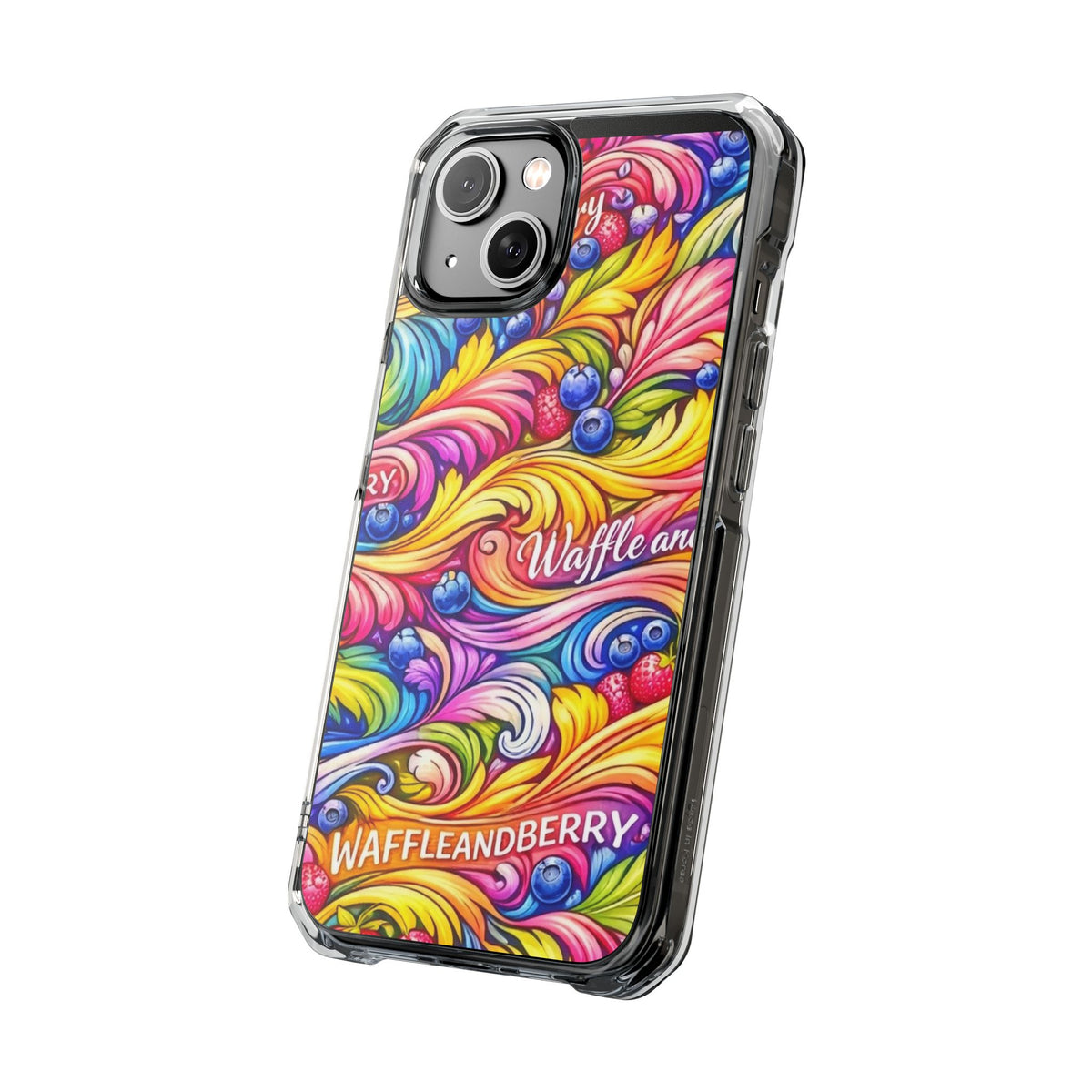 Splash Berry Clear Magnetic Phone Case — Bright Rainbow Swirl Design (Waffle and Berry text)