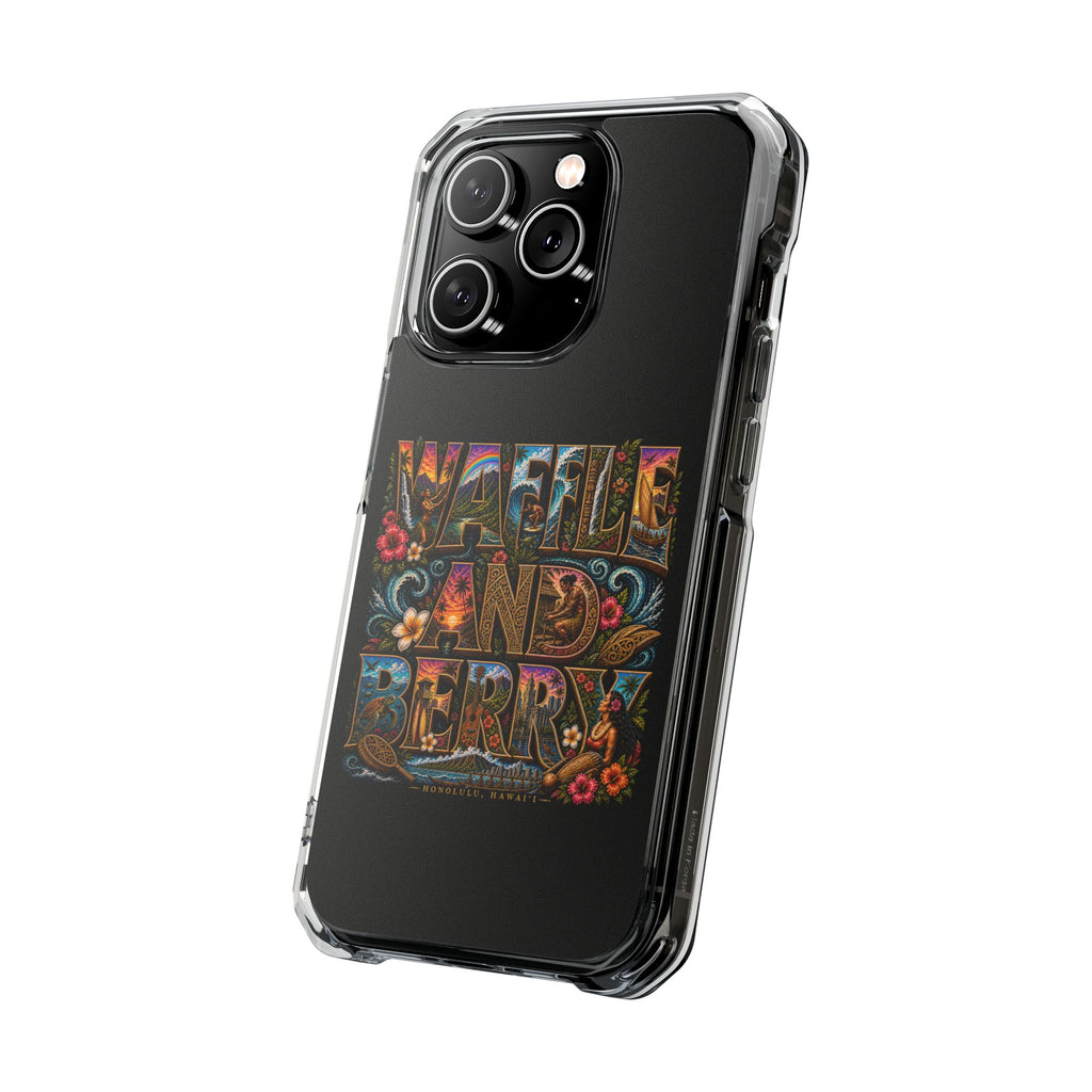 Clear Magnetic Phone Case — Bright Rainbow Swirl Design (Waffle and Berry text)
