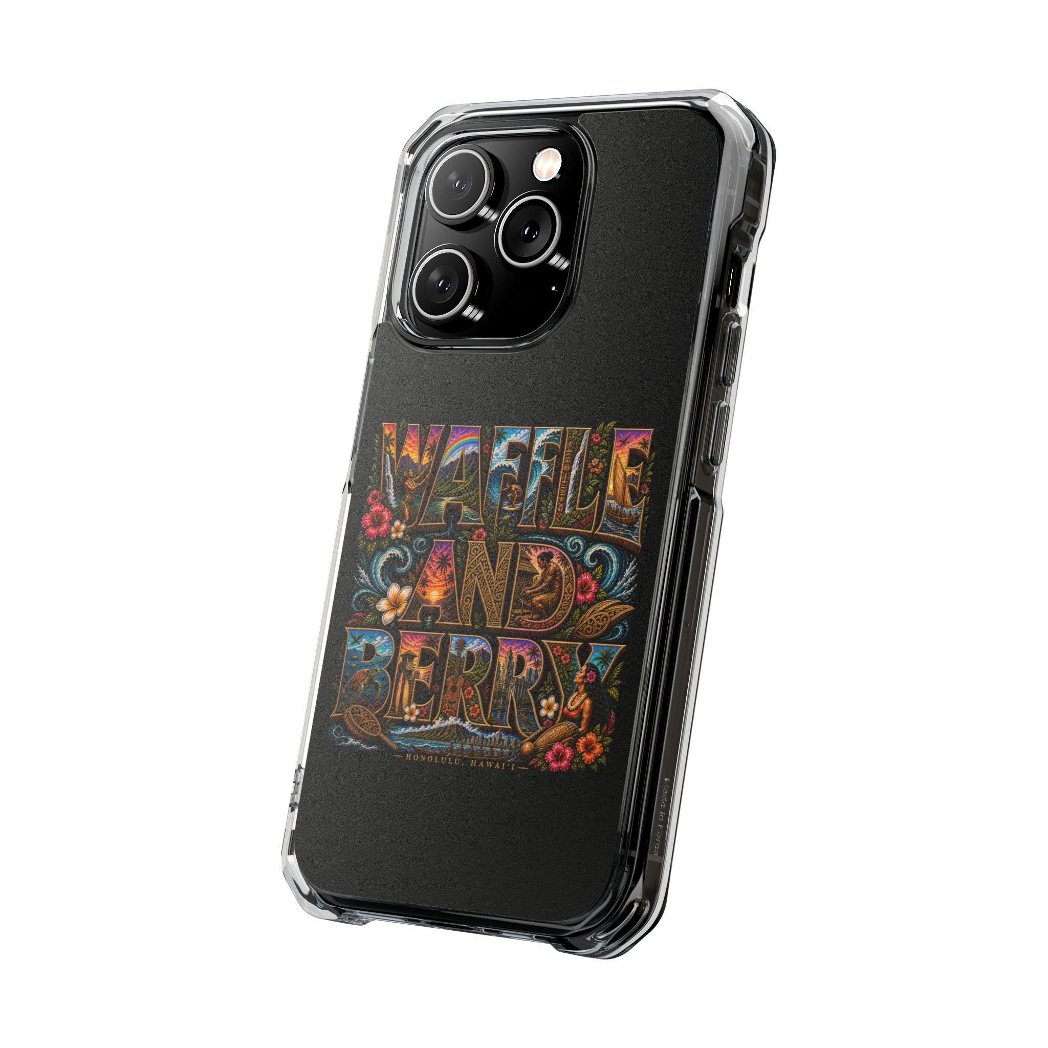 Clear Magnetic Phone Case — Bright Rainbow Swirl Design (Waffle and Berry text)