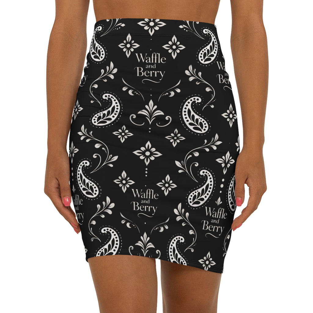 Black Paisley Pencil Skirt — 'Waffle and Berry' Patterned Midi