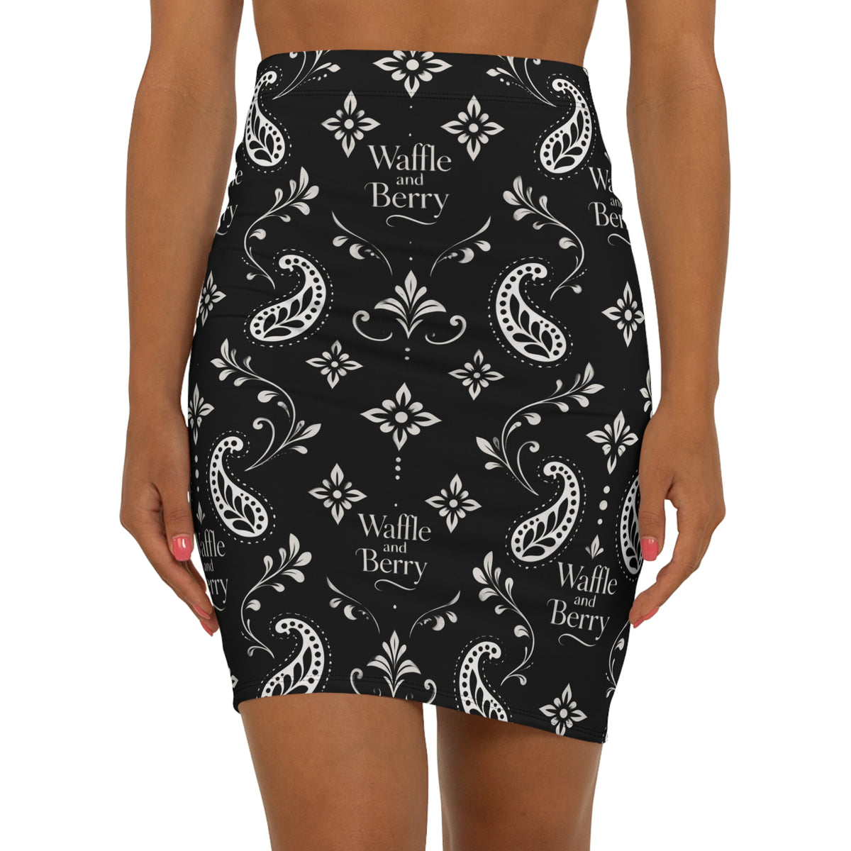 Black Paisley Pencil Skirt — 'Waffle and Berry' Patterned Midi
