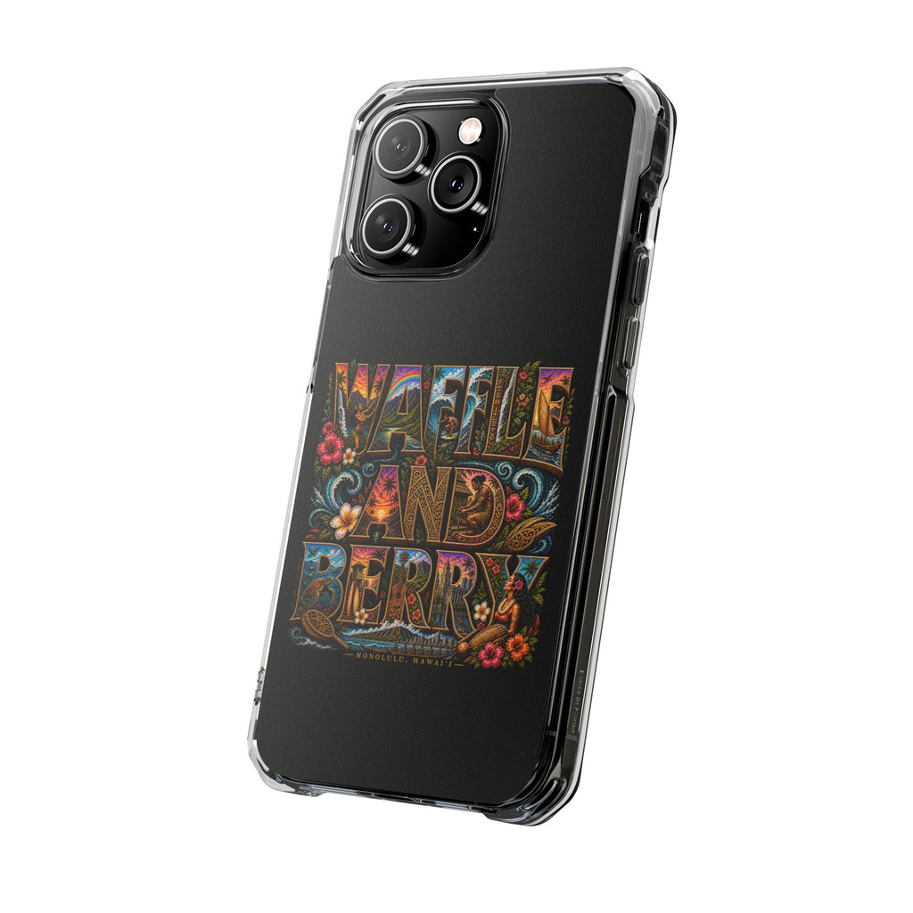 Clear Magnetic Phone Case — Bright Rainbow Swirl Design (Waffle and Berry text)