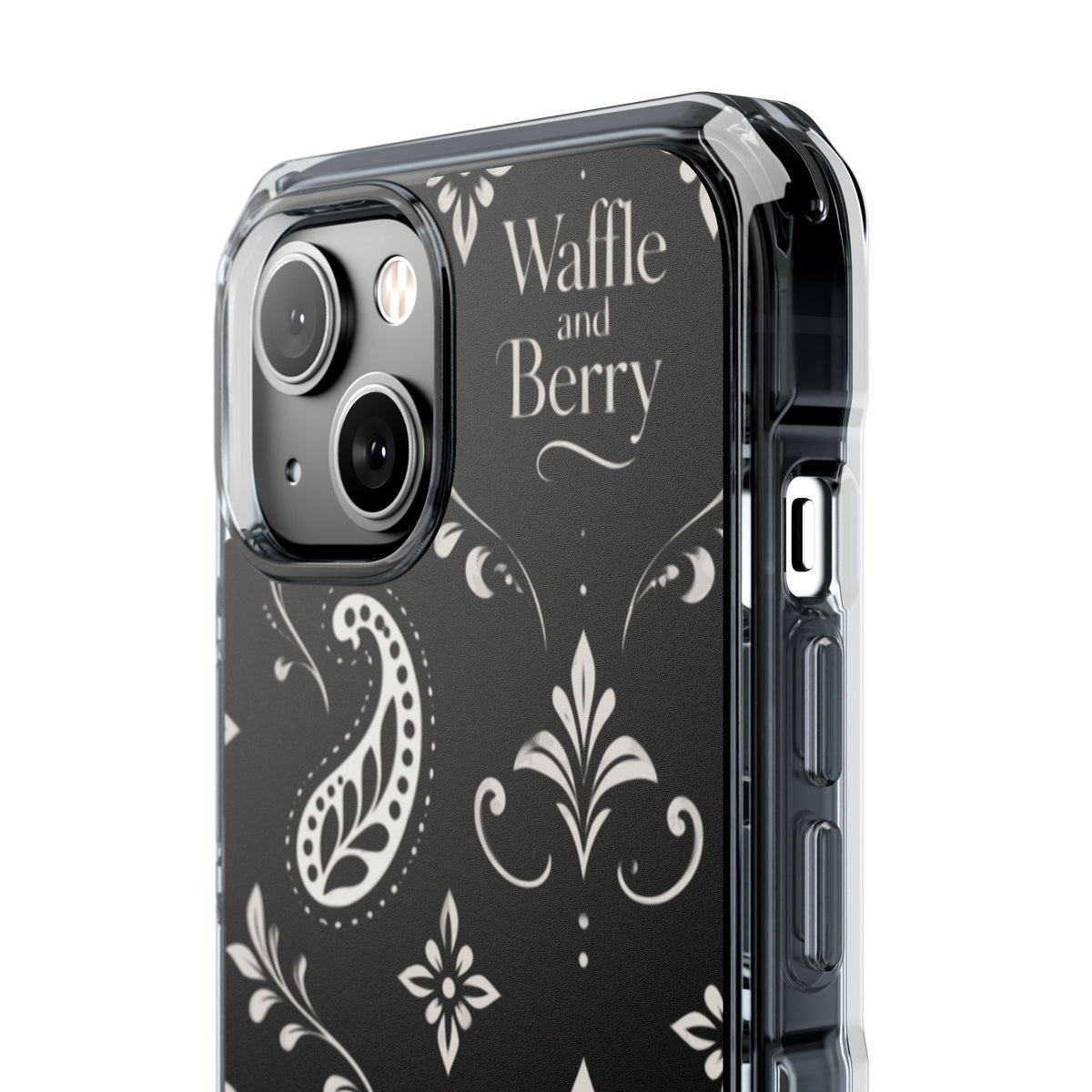 Paisley Clear Magnetic Phone Case — Bright Rainbow Swirl Design (Waffle and Berry text)