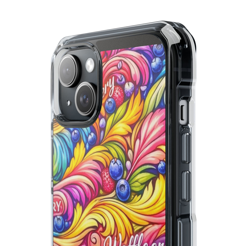 Splash Berry Clear Magnetic Phone Case — Bright Rainbow Swirl Design (Waffle and Berry text)