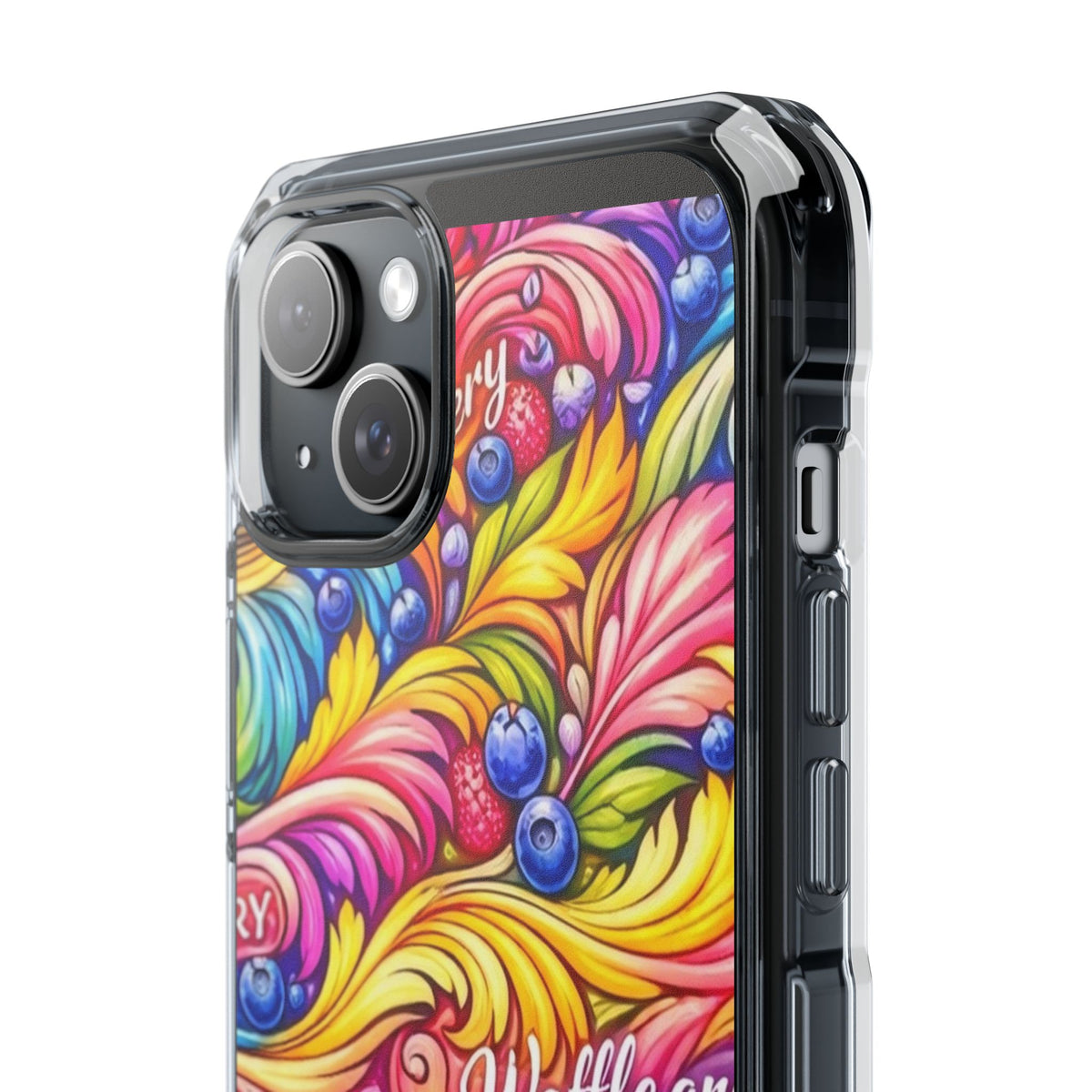 Splash Berry Clear Magnetic Phone Case — Bright Rainbow Swirl Design (Waffle and Berry text)