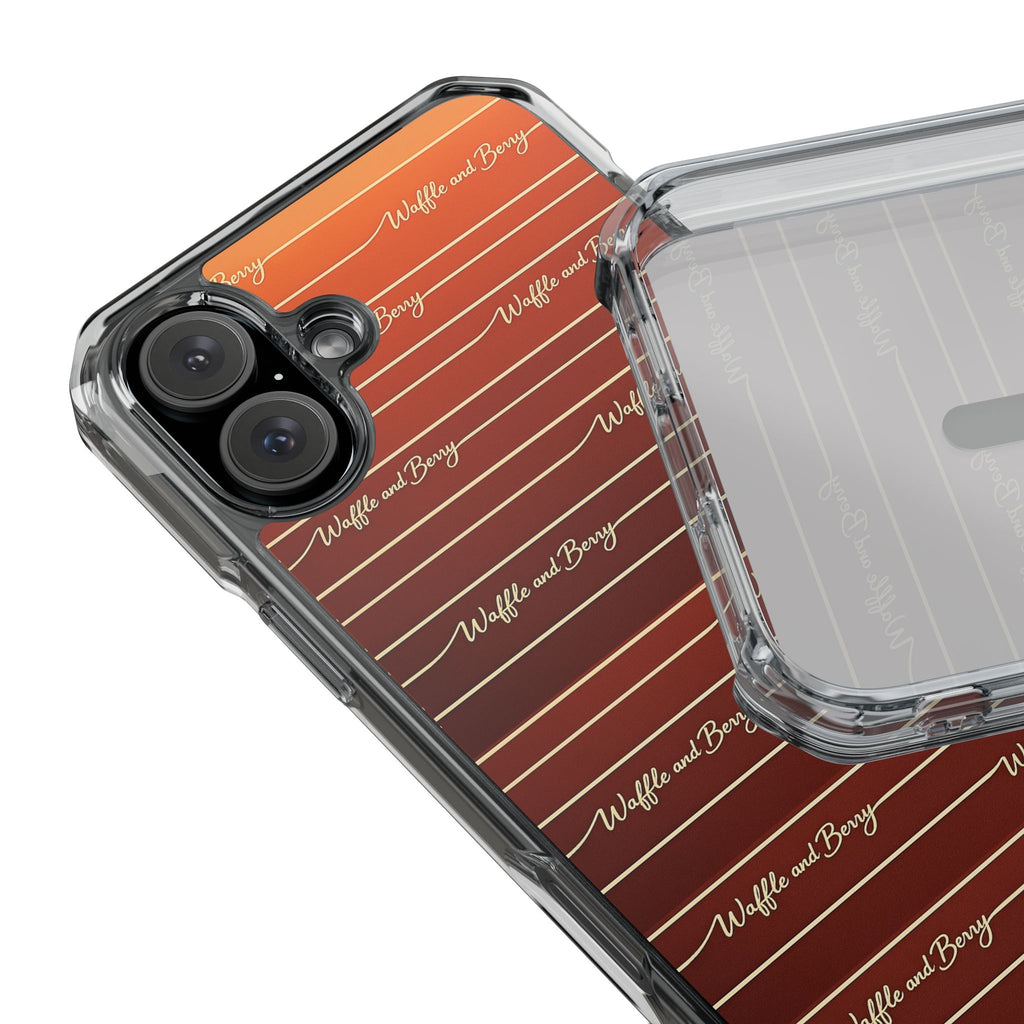 Clear Magnetic Phone Case — Striped Brown Gradient with "Waffles and Brgrs" Script