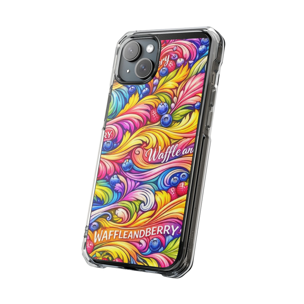 Splash Berry Clear Magnetic Phone Case — Bright Rainbow Swirl Design (Waffle and Berry text)