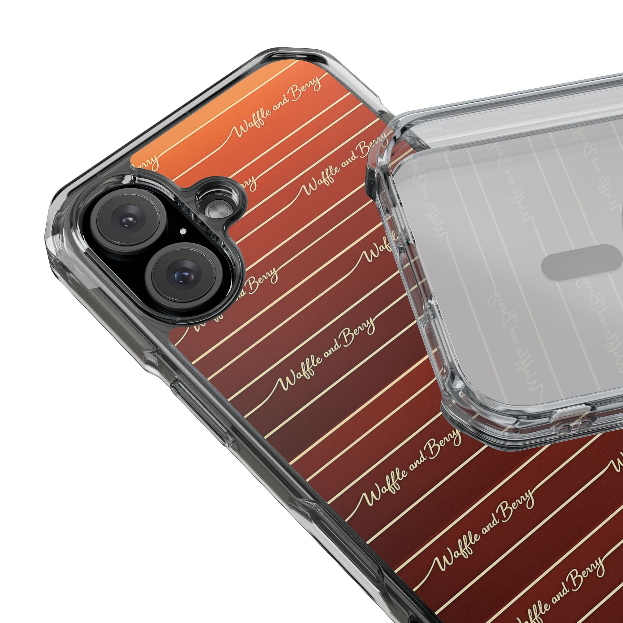 Clear Magnetic Phone Case — Striped Brown Gradient with "Waffles and Brgrs" Script