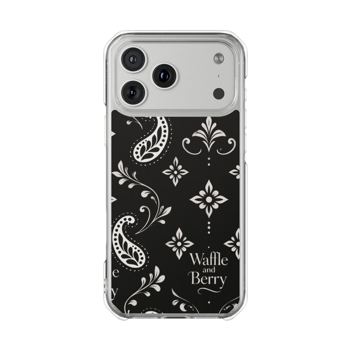 Paisley Clear Magnetic Phone Case — Bright Rainbow Swirl Design (Waffle and Berry text)