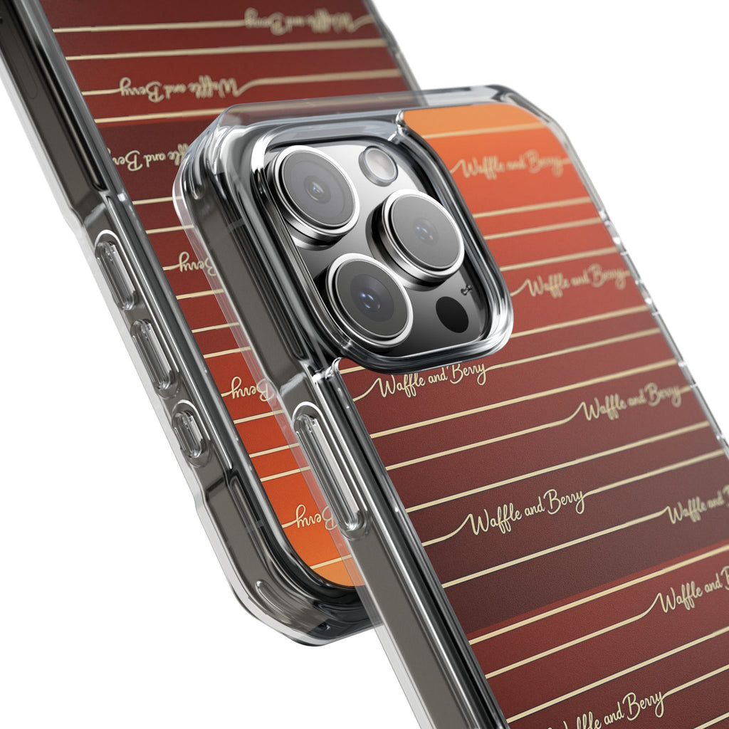 Clear Magnetic Phone Case — Striped Brown Gradient with "Waffles and Brgrs" Script