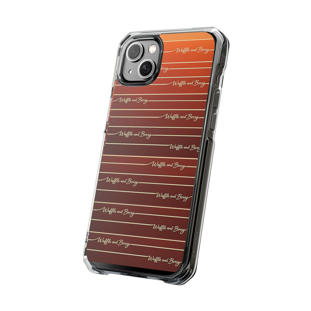 Clear Magnetic Phone Case — Striped Brown Gradient with "Waffles and Brgrs" Script