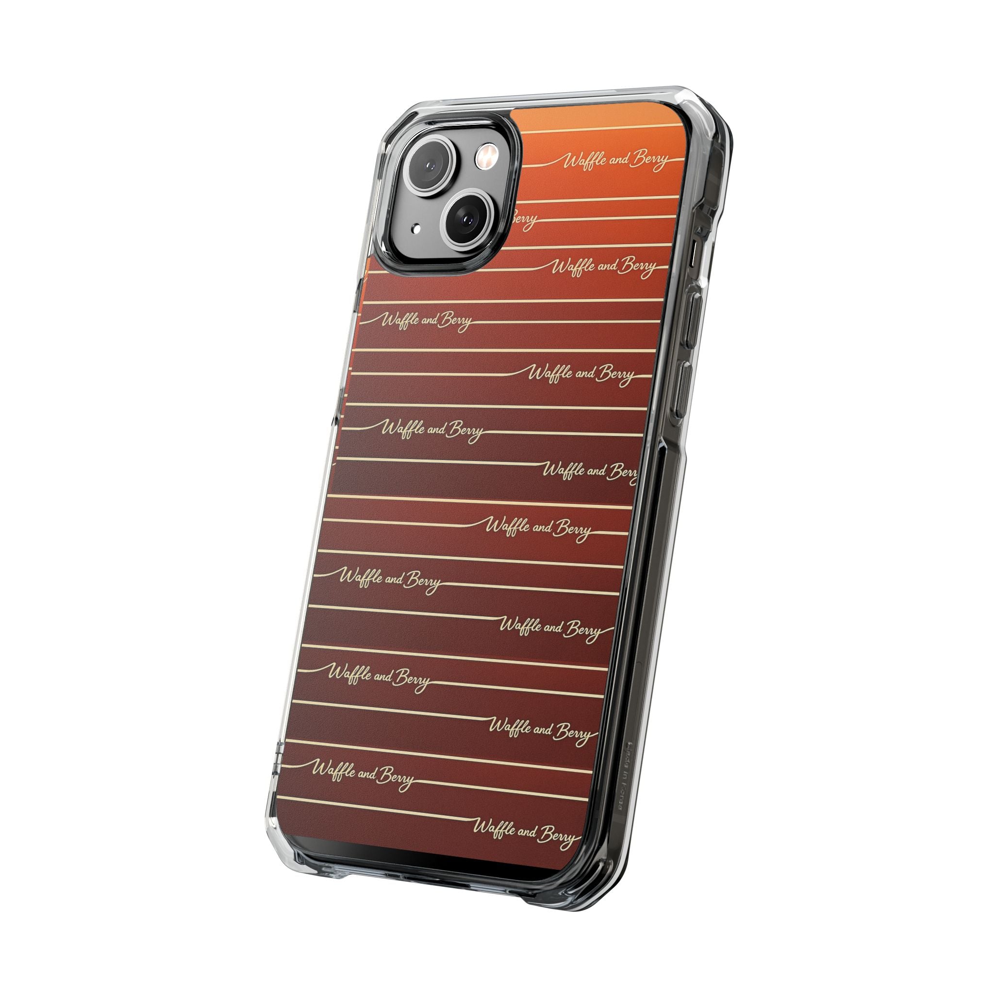 Clear Magnetic Phone Case — Striped Brown Gradient with "Waffles and Brgrs" Script