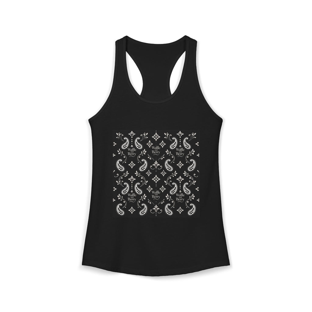 Black Paisley Racerback Tank, front view with cream paisley, floral and Waffle and Berry logo print.
