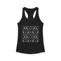 Black Paisley Racerback Tank, front view with cream paisley, floral and Waffle and Berry logo print.