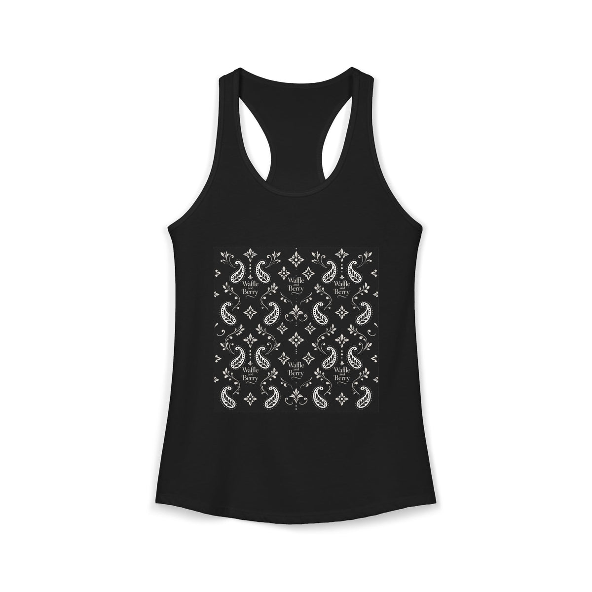 Black Paisley Racerback Tank, front view with cream paisley, floral and Waffle and Berry logo print.