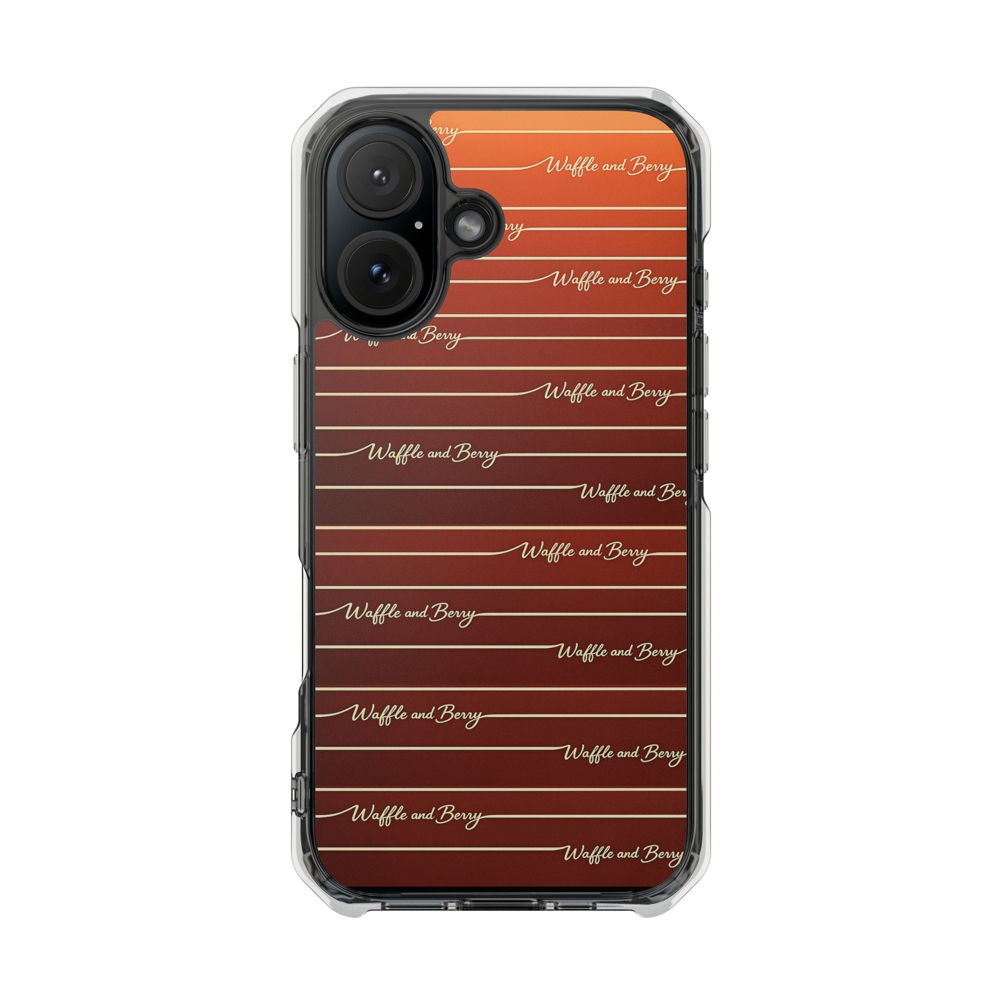 Clear Magnetic Phone Case — Striped Brown Gradient with "Waffles and Brgrs" Script
