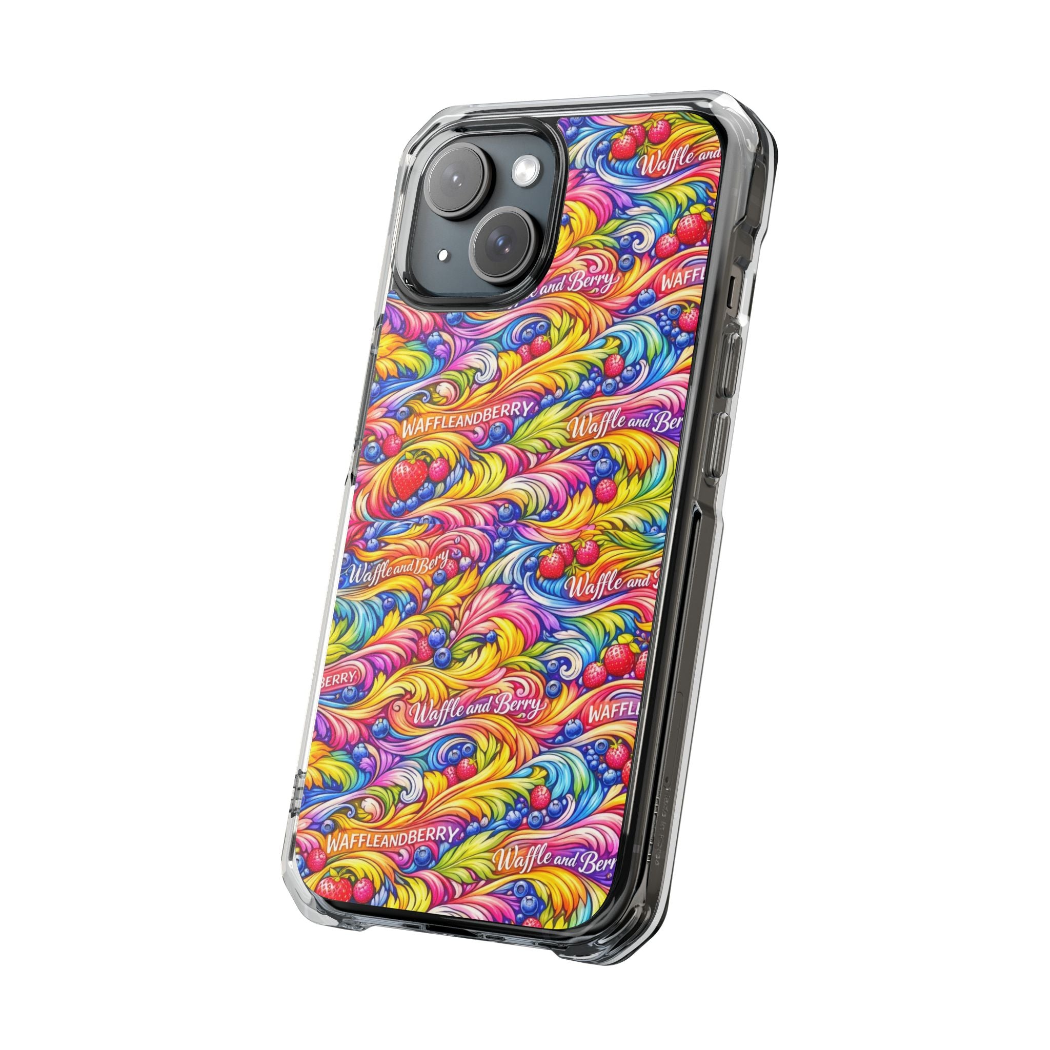 Clear Magnetic Phone Case — Bright Rainbow Swirl Design (Waffle and Berry text)
