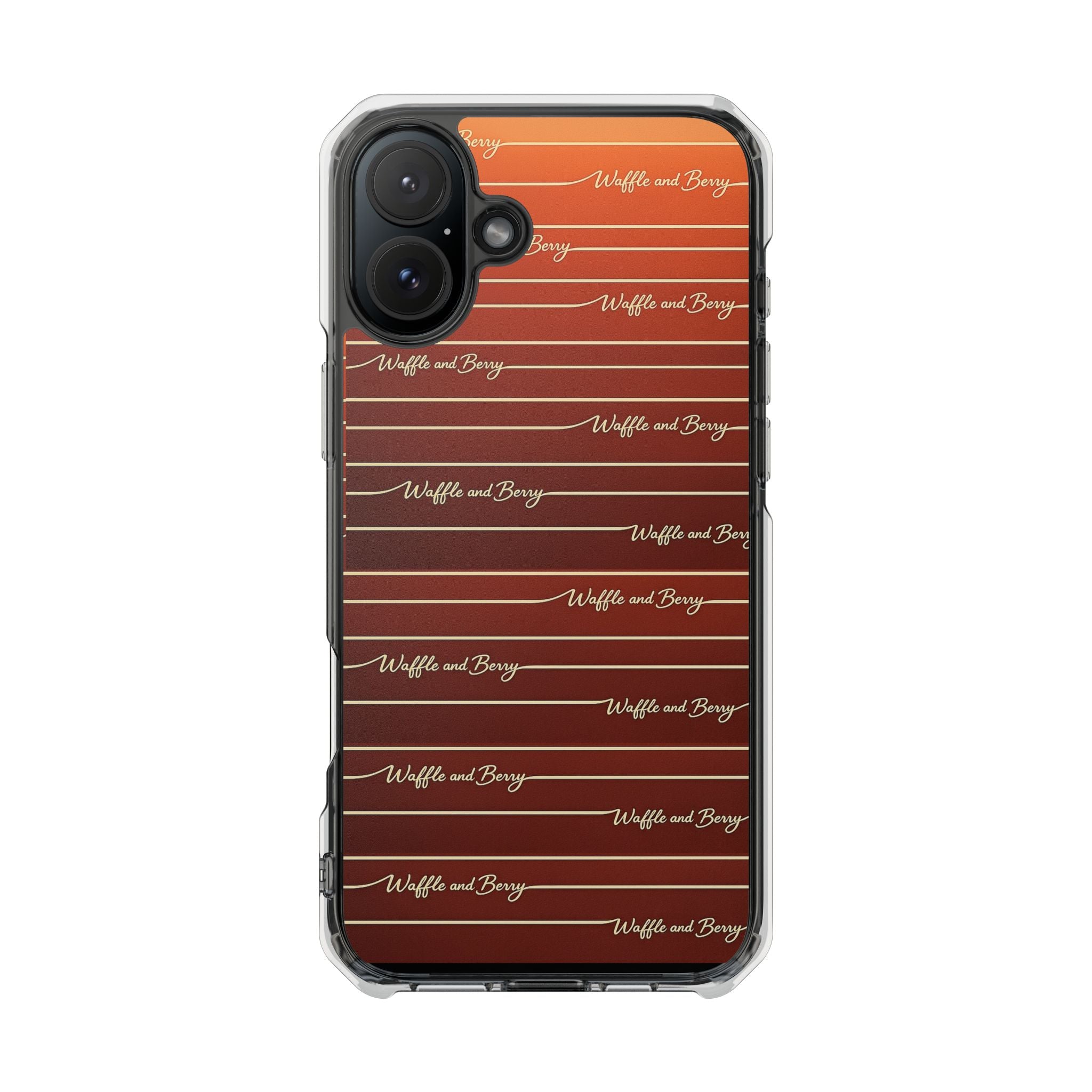 Clear Magnetic Phone Case — Striped Brown Gradient with "Waffles and Brgrs" Script