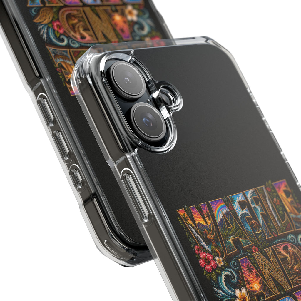 Clear Magnetic Phone Case — Bright Rainbow Swirl Design (Waffle and Berry text)