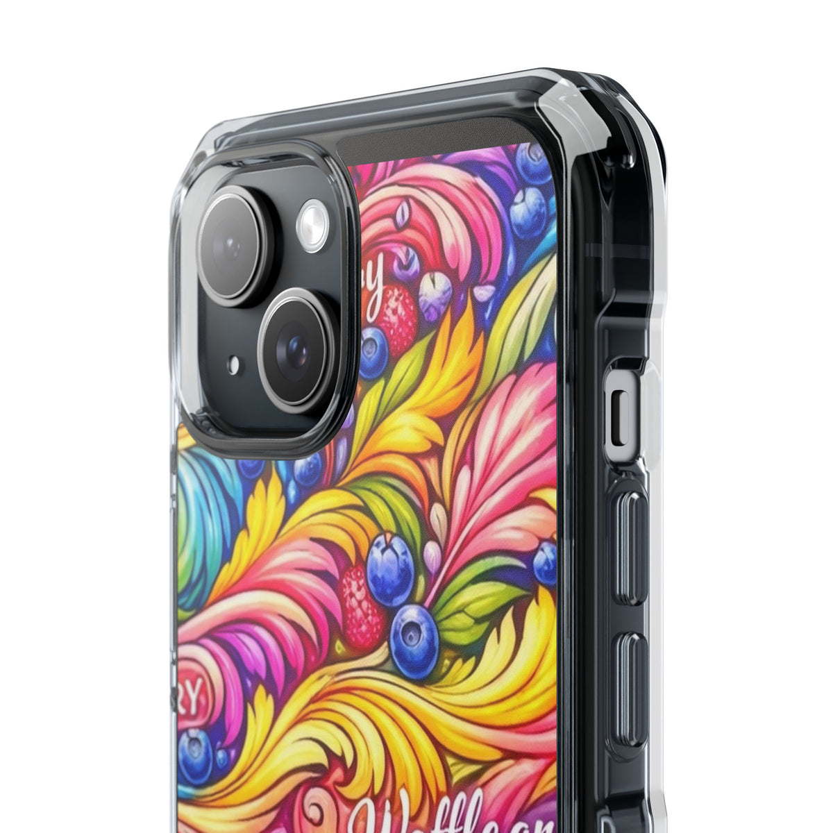 Splash Berry Clear Magnetic Phone Case — Bright Rainbow Swirl Design (Waffle and Berry text)