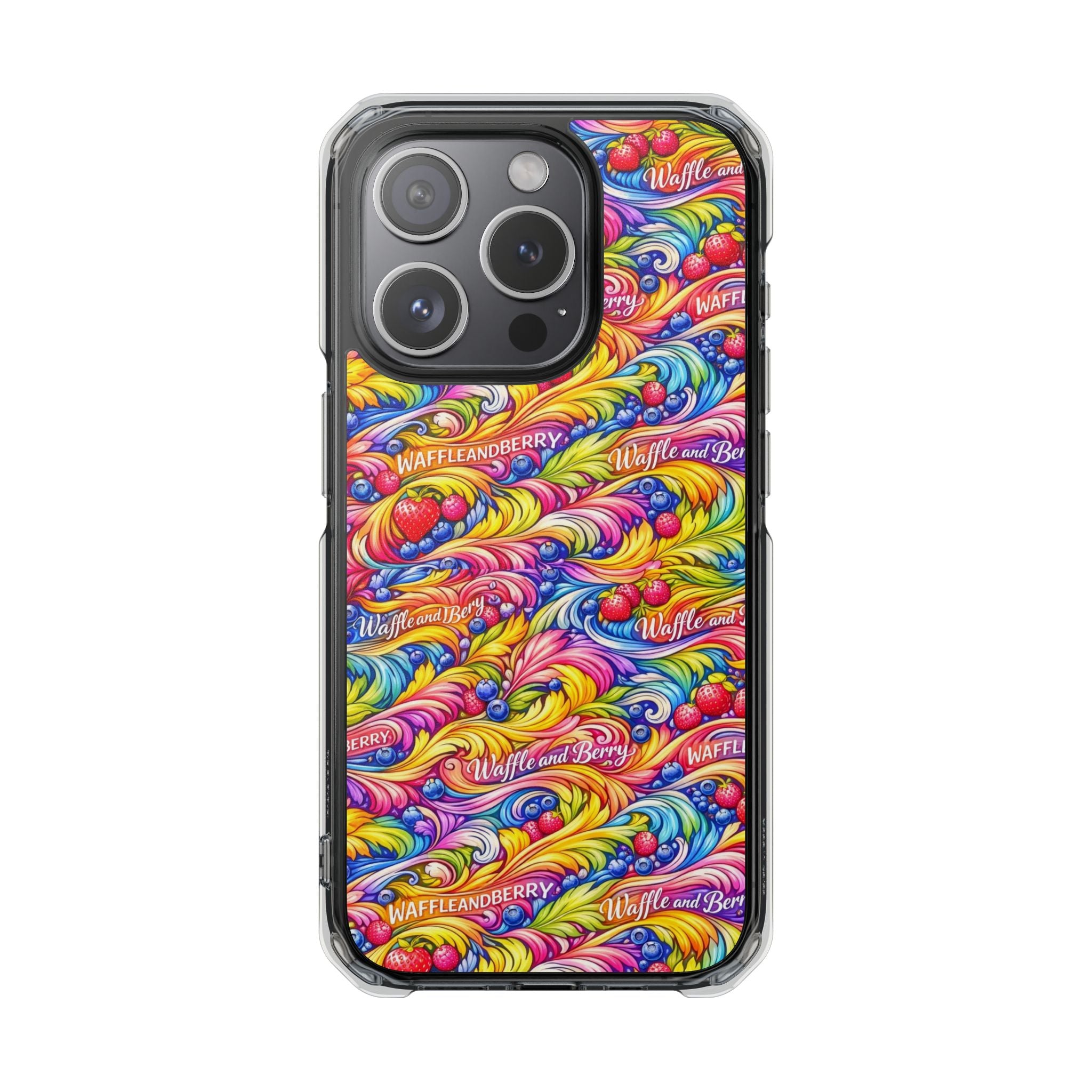 Clear Magnetic Phone Case — Bright Rainbow Swirl Design (Waffle and Berry text)