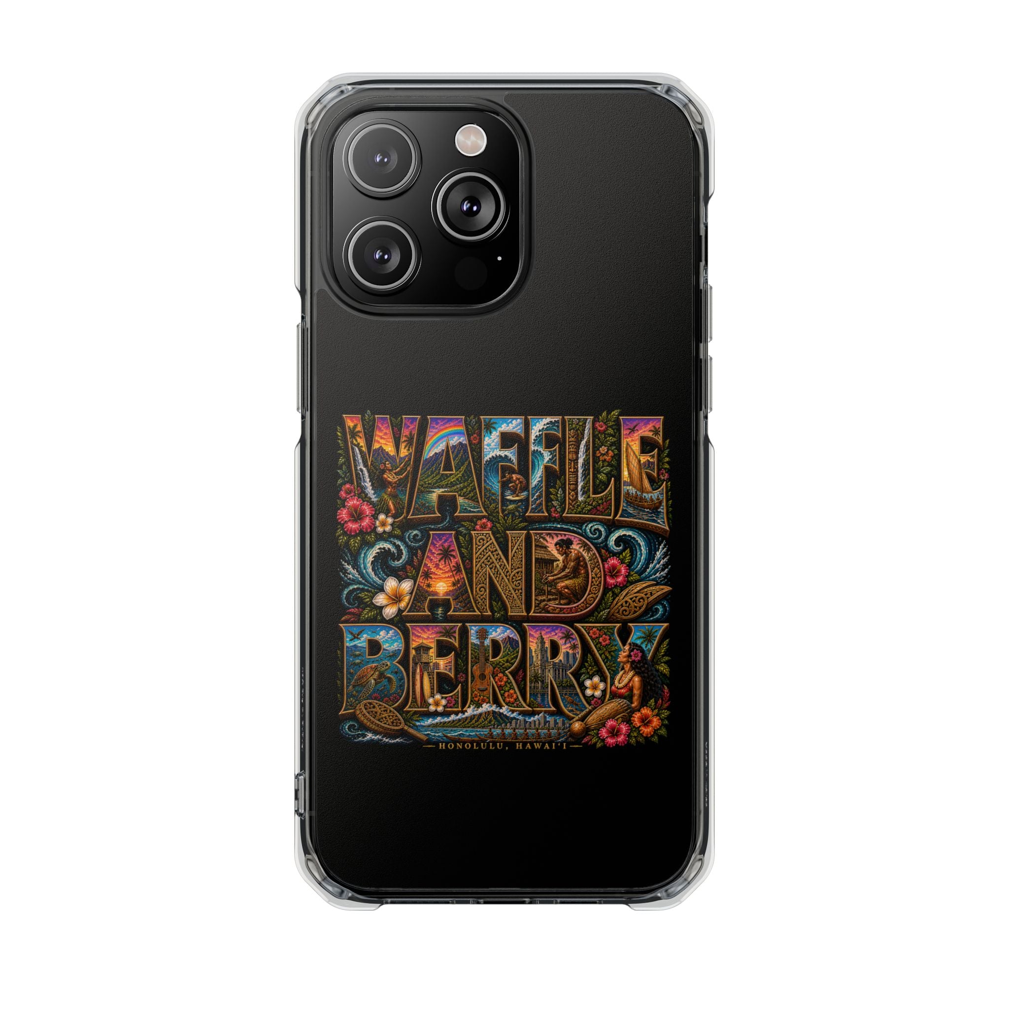Clear Magnetic Phone Case — Bright Rainbow Swirl Design (Waffle and Berry text)