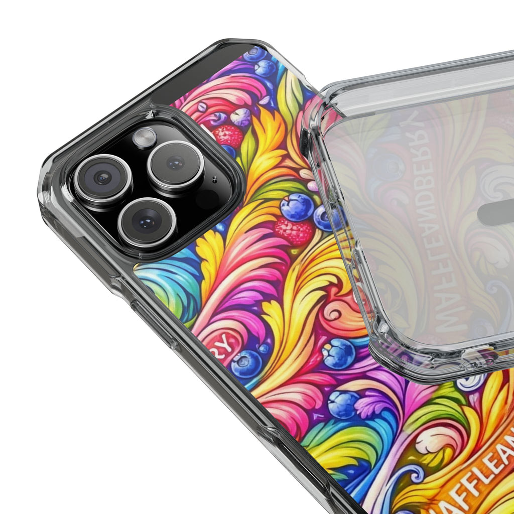 Splash Berry Clear Magnetic Phone Case — Bright Rainbow Swirl Design (Waffle and Berry text)