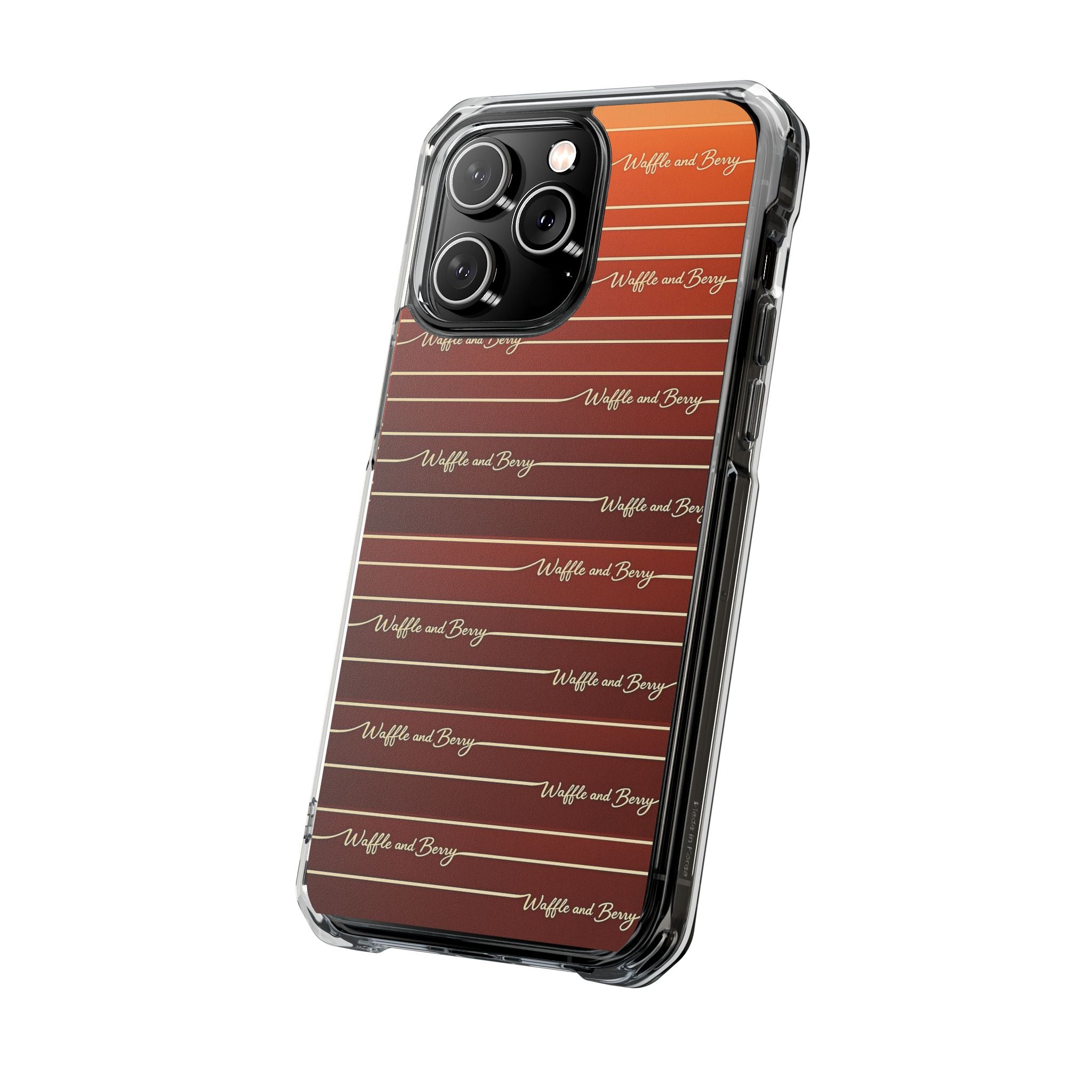Clear Magnetic Phone Case — Striped Brown Gradient with "Waffles and Brgrs" Script