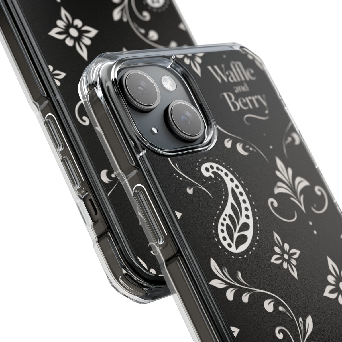 Paisley Clear Magnetic Phone Case — Bright Rainbow Swirl Design (Waffle and Berry text)