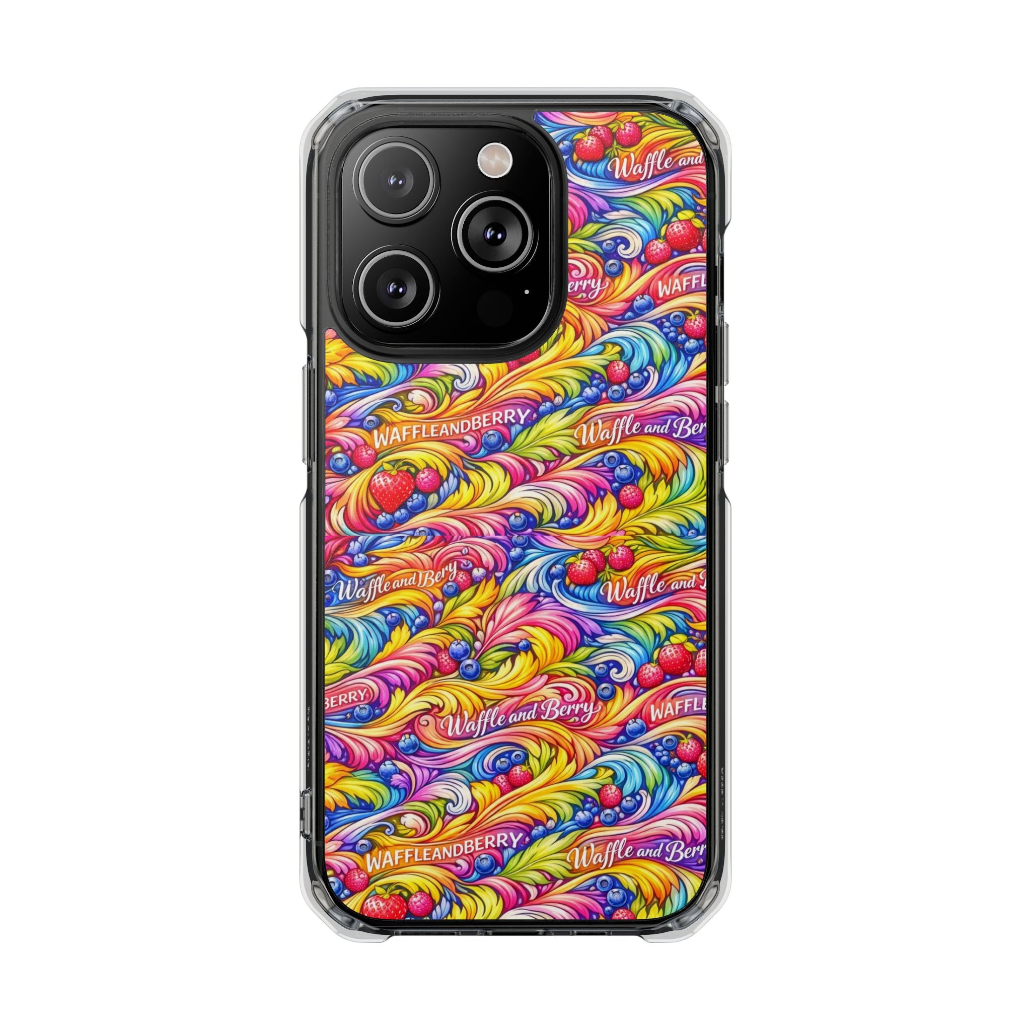 Clear Magnetic Phone Case — Bright Rainbow Swirl Design (Waffle and Berry text)