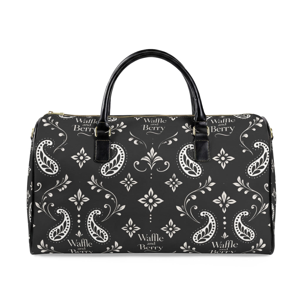 Black Paisley travel bag, broad side view with cream paisley and Waffle and Berry print, black top handles and zipper.