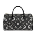 Black Paisley travel bag, broad side view with cream paisley and Waffle and Berry print, black top handles and zipper.