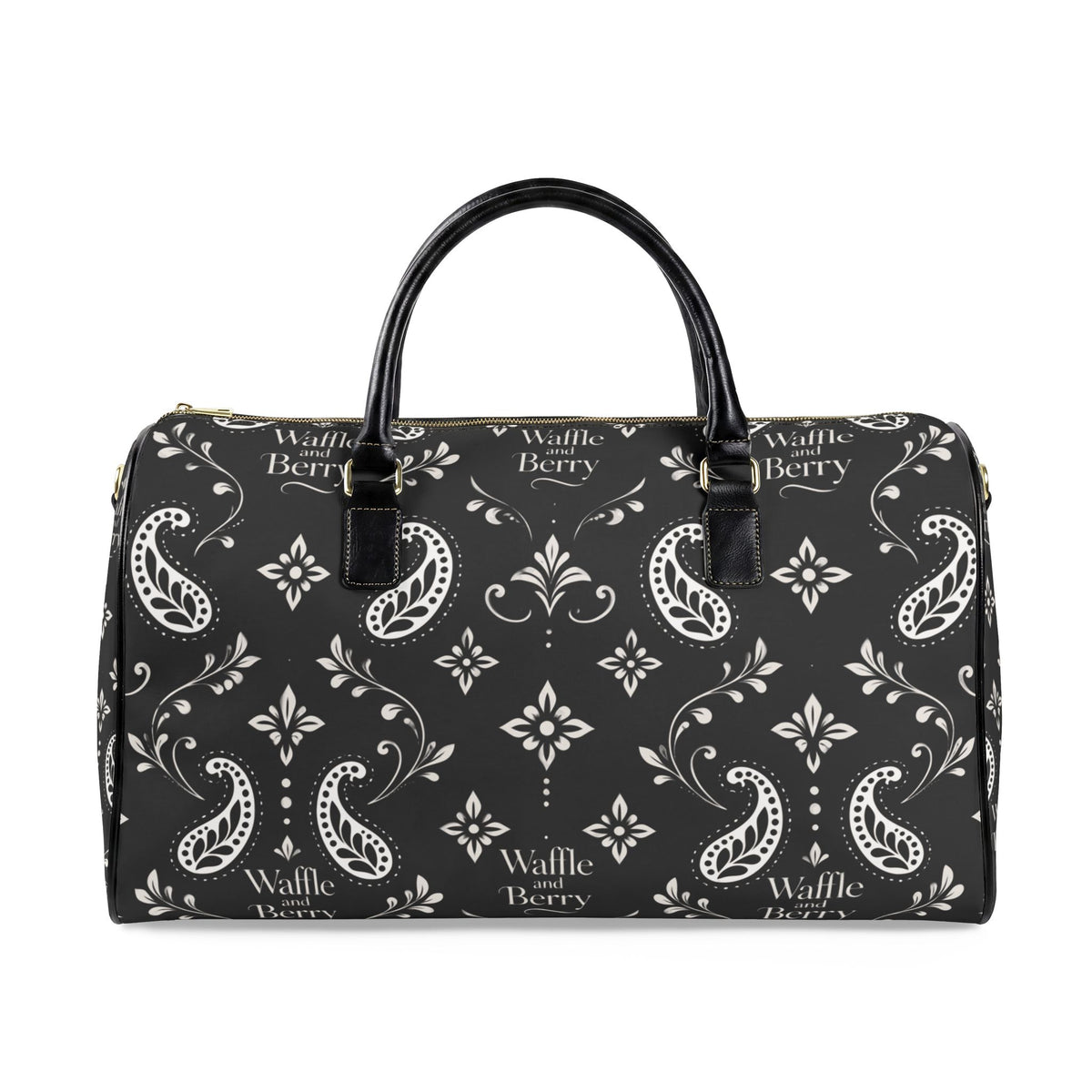 Black Paisley travel bag, broad side view with cream paisley and Waffle and Berry print, black top handles and zipper.