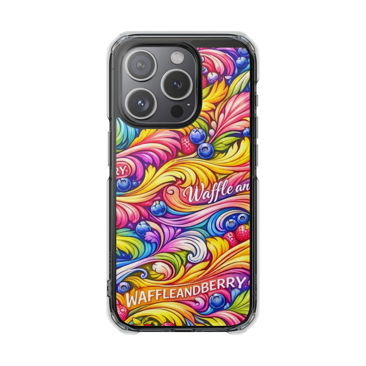 Splash Berry Clear Magnetic Phone Case — Bright Rainbow Swirl Design (Waffle and Berry text)