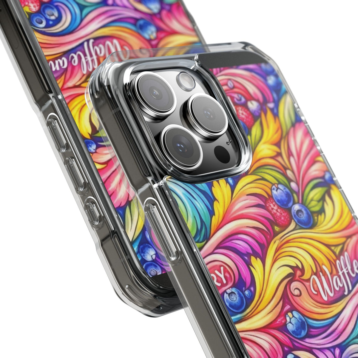 Splash Berry Clear Magnetic Phone Case — Bright Rainbow Swirl Design (Waffle and Berry text)