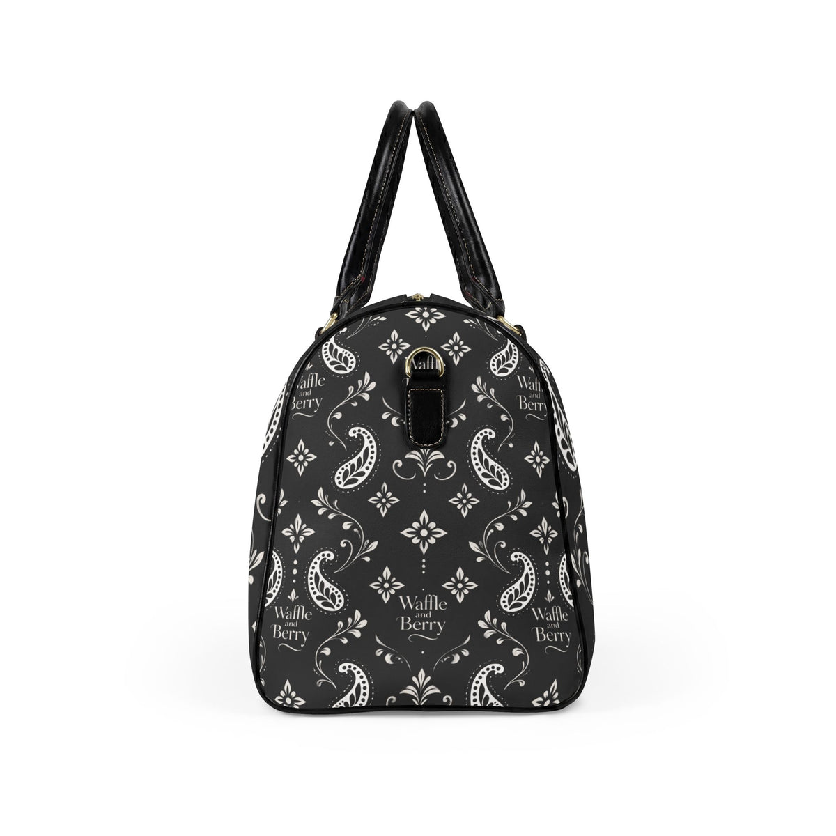 Black Paisley travel bag, opposite end view showing the rounded profile, black handles and cream paisley print.