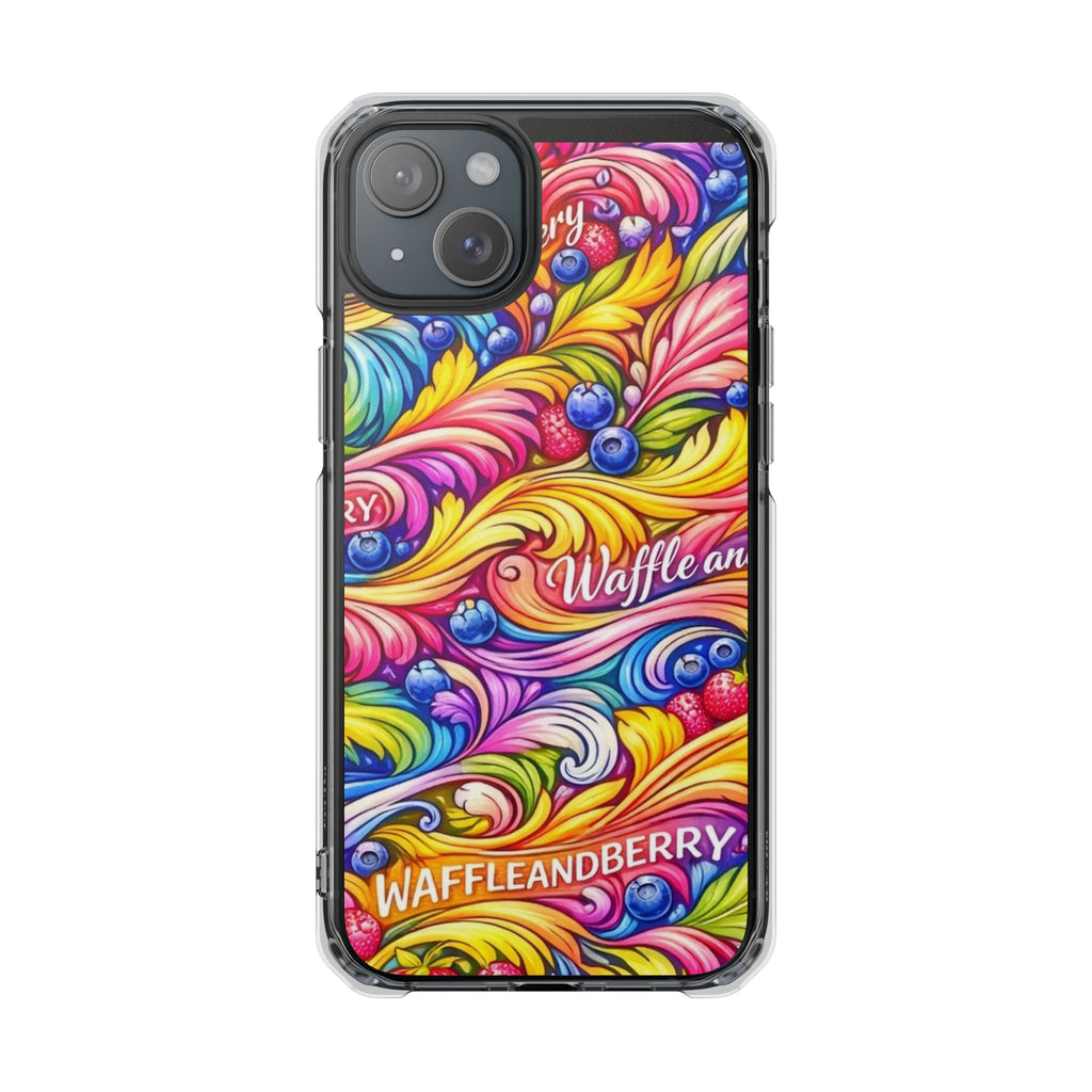 Splash Berry Clear Magnetic Phone Case — Bright Rainbow Swirl Design (Waffle and Berry text)