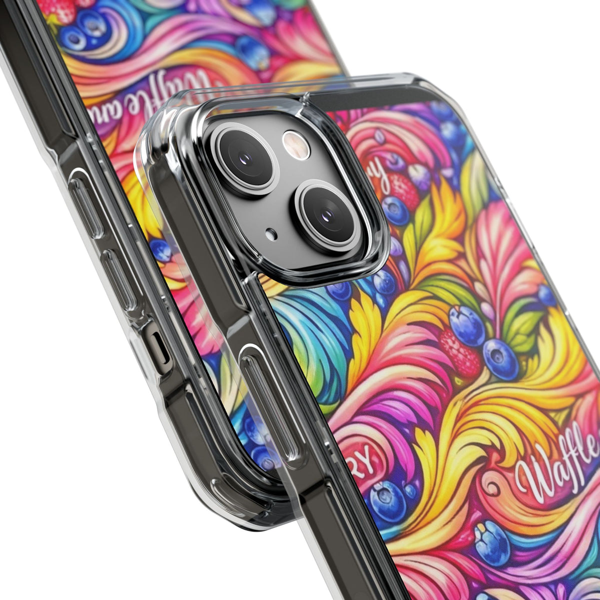 Splash Berry Clear Magnetic Phone Case — Bright Rainbow Swirl Design (Waffle and Berry text)