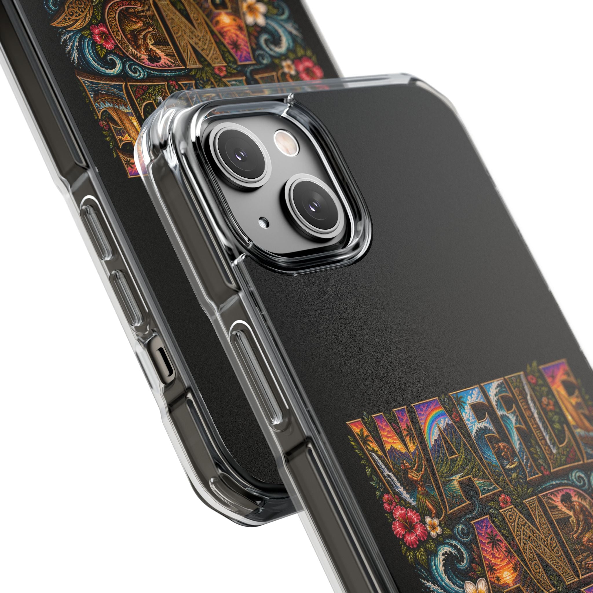 Clear Magnetic Phone Case — Bright Rainbow Swirl Design (Waffle and Berry text)