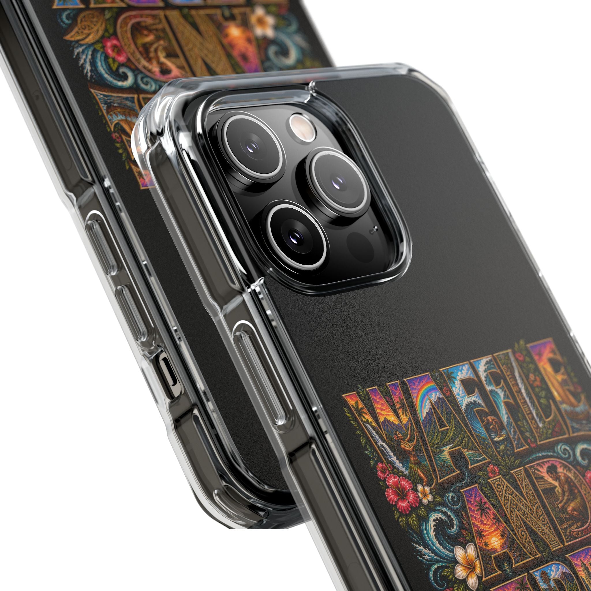 Clear Magnetic Phone Case — Bright Rainbow Swirl Design (Waffle and Berry text)
