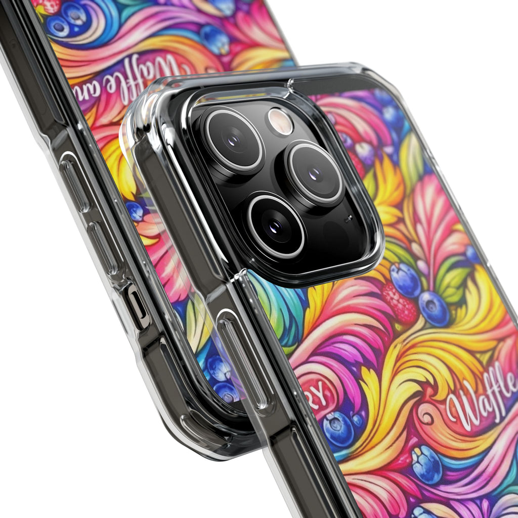 Splash Berry Clear Magnetic Phone Case — Bright Rainbow Swirl Design (Waffle and Berry text)