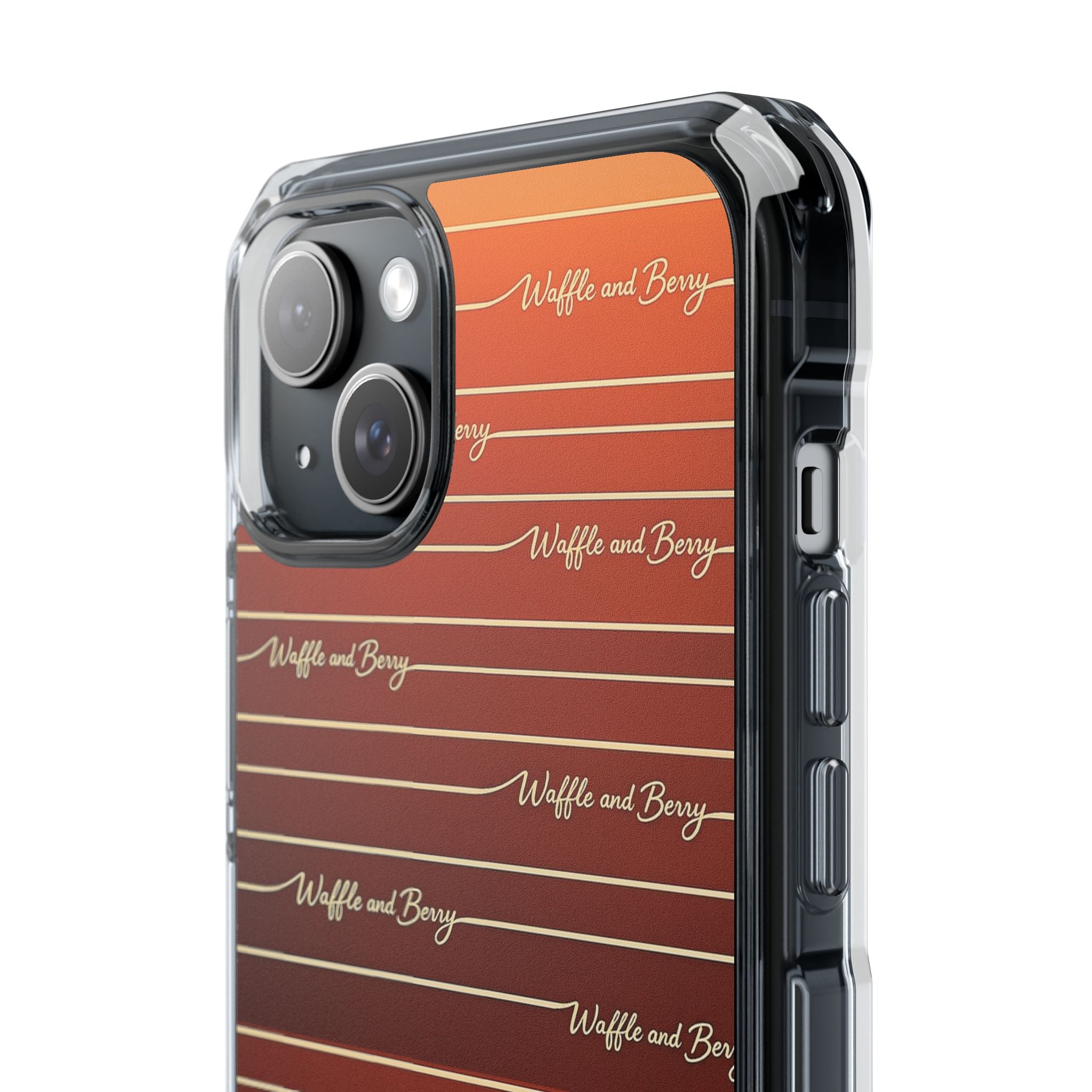 Clear Magnetic Phone Case — Striped Brown Gradient with "Waffles and Brgrs" Script