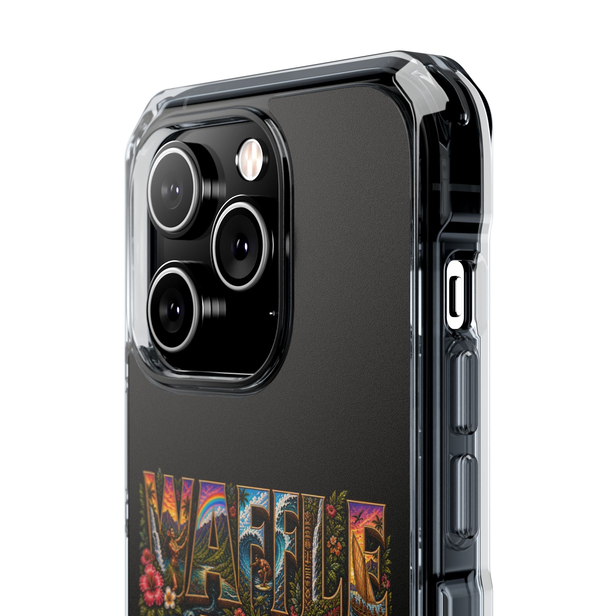 Clear Magnetic Phone Case — Bright Rainbow Swirl Design (Waffle and Berry text)