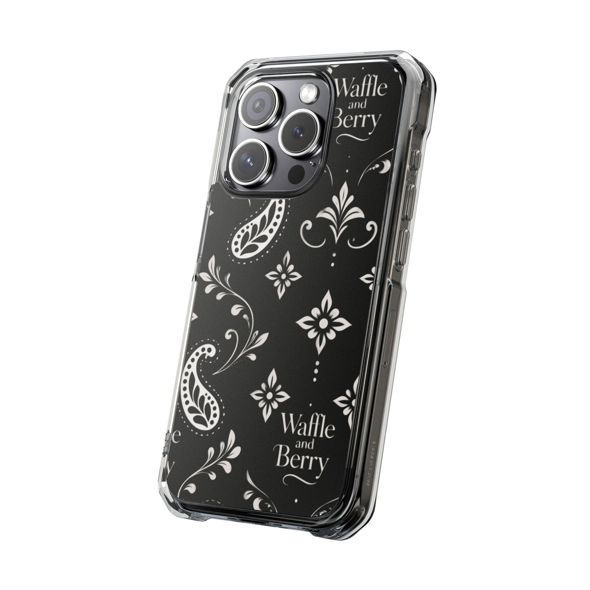 Paisley Clear Magnetic Phone Case — Bright Rainbow Swirl Design (Waffle and Berry text)