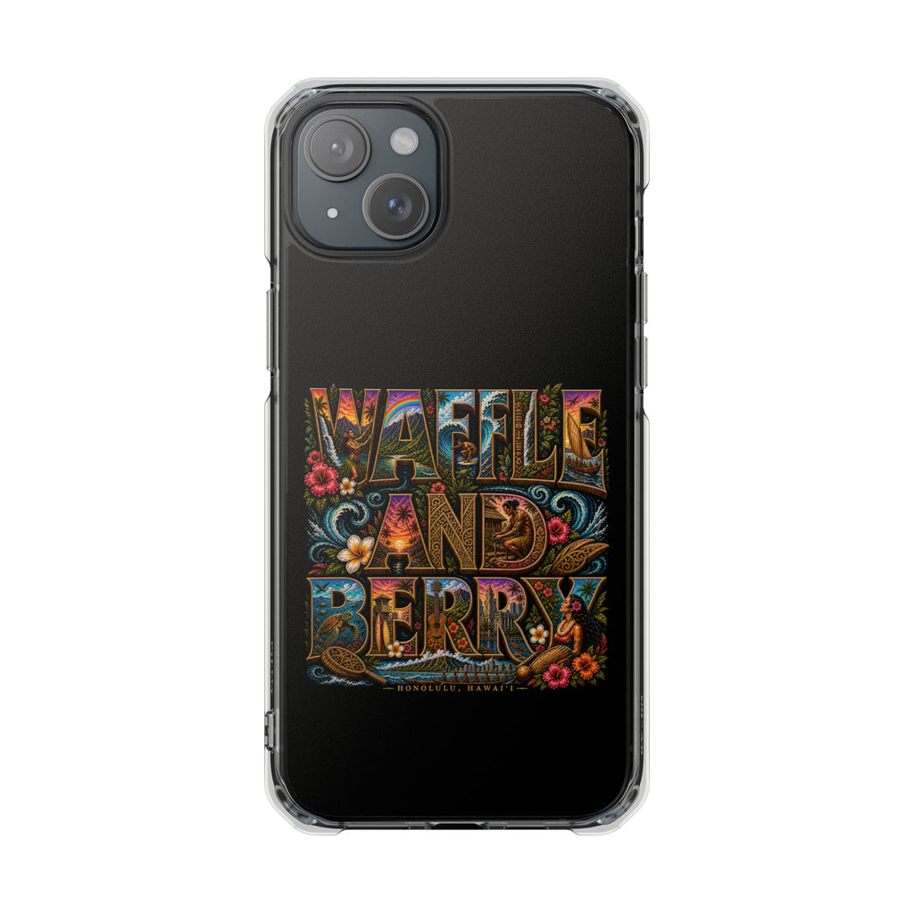 Clear Magnetic Phone Case — Bright Rainbow Swirl Design (Waffle and Berry text)